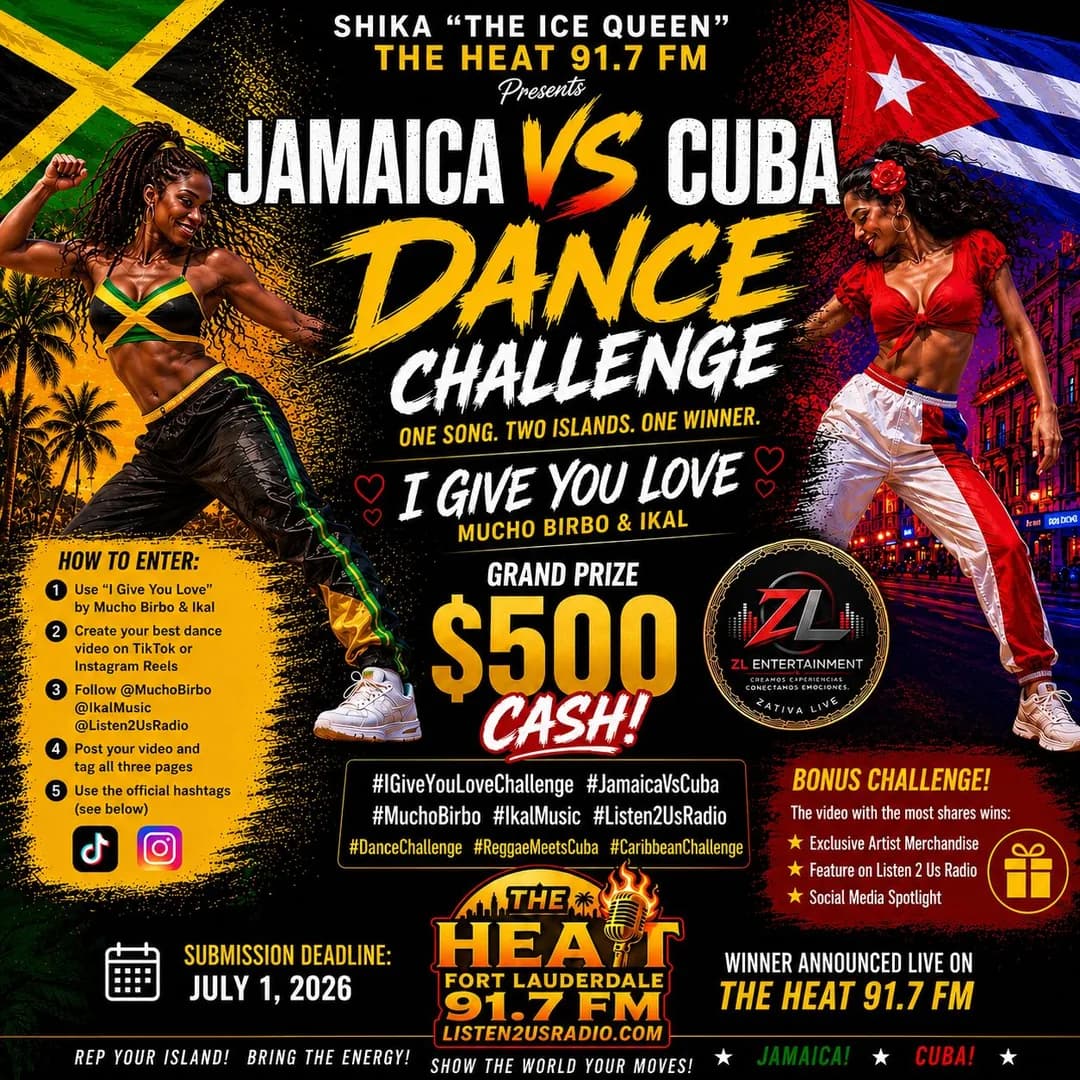 Jamaica vs Cuba dance challenge flyer for I Give You Love by Mucho Birbo and Ikal